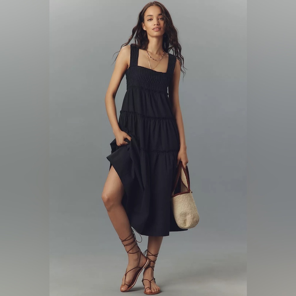 NWT! Anthropologie Black The Helena Square-Neck Smocked Tiered Midi Dress